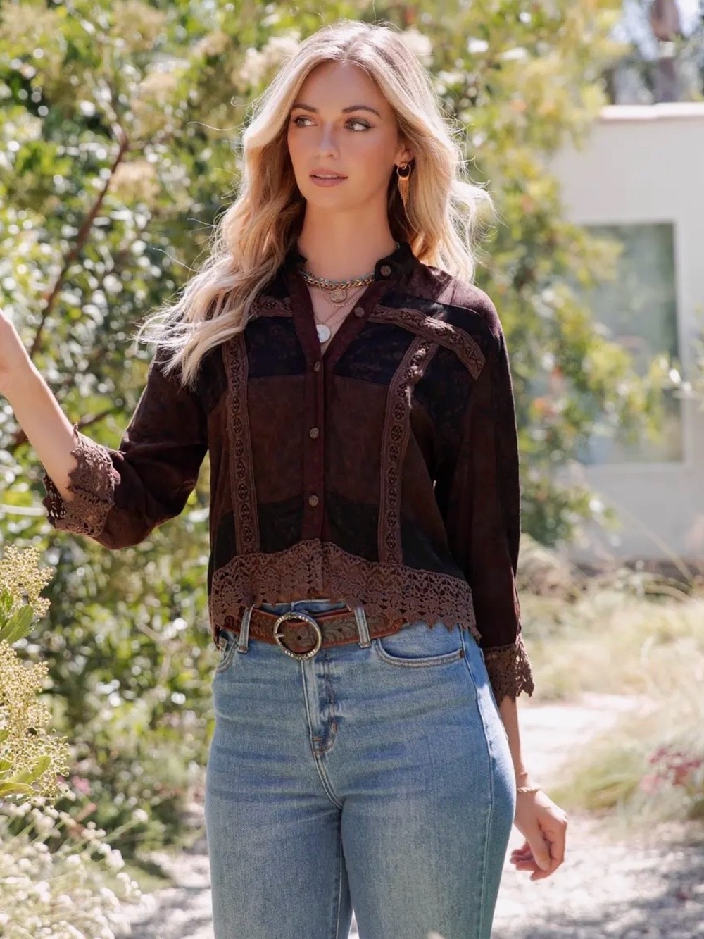YOUNG THREADS Earthy Boho Lace-Trim Lightweight Button-Up Top